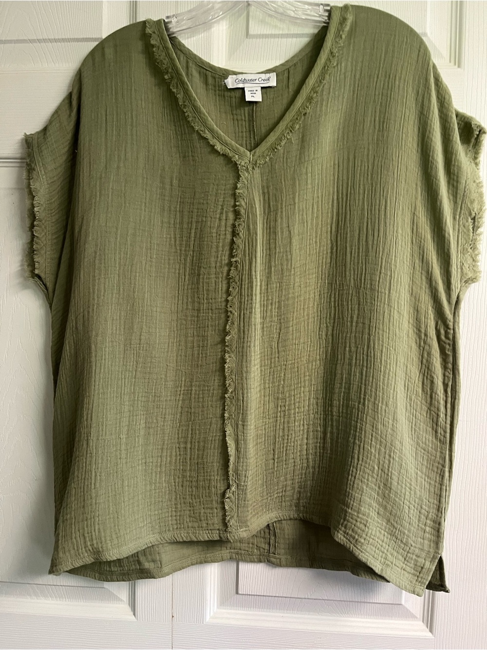 Coldwater Creek Olive Gauze V-Neck Short Sleeve Tunic Cute Raw Edge Details PL
